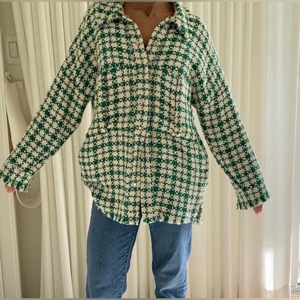 Zara Green and Cream Tweed Jacket- OVERSIZED